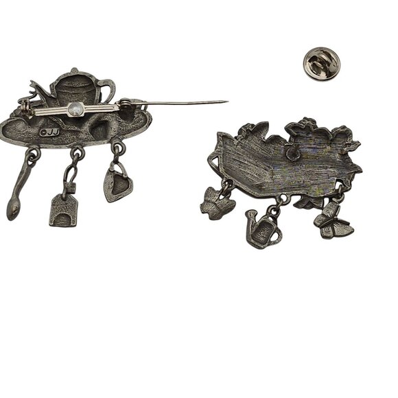 Vtg Brooch Pin Set of 2 Tea & Garden Theme Dangle Butterflies Basket Picnic - Picture 13 of 15